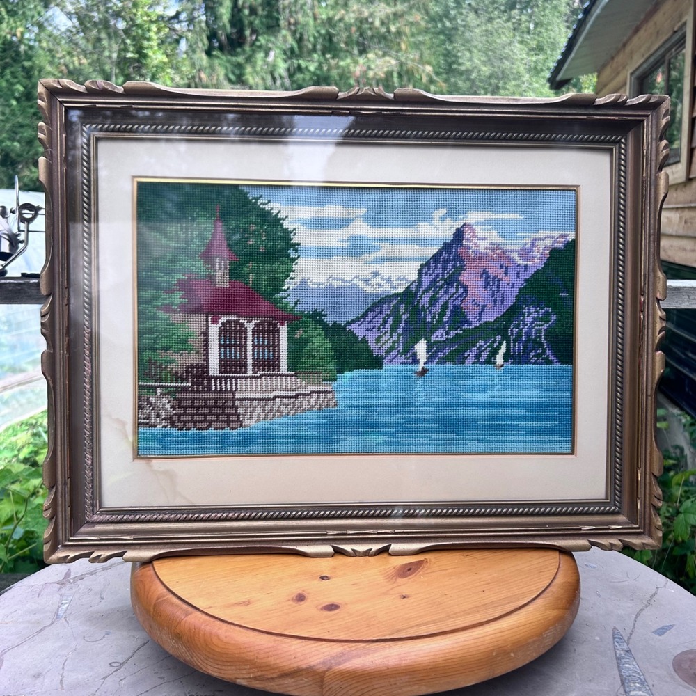 Vintage Cross Stitch Wall Art Alpine Mountain Lake Gazebo Gold Frame 21x17 MCM